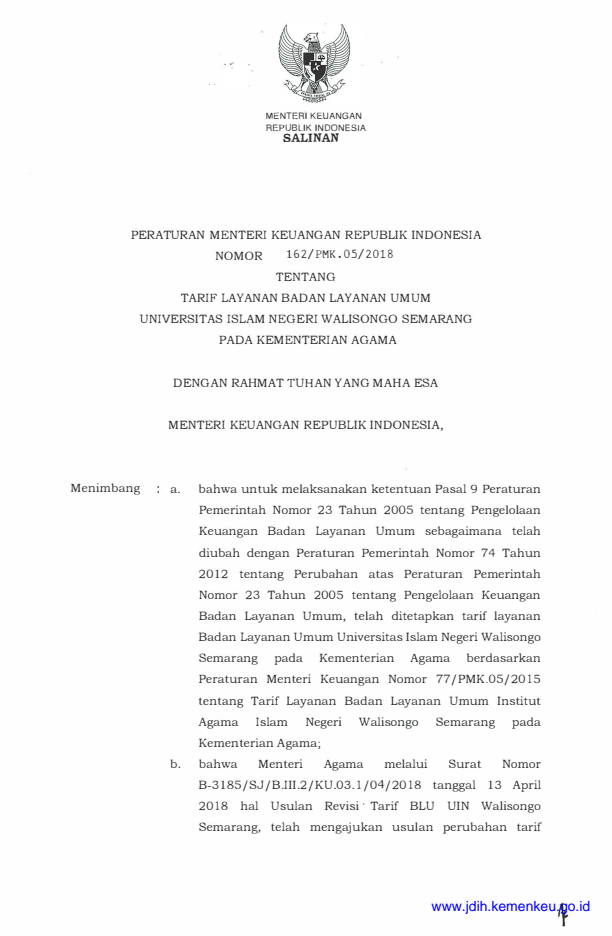Peraturan Menteri Keuangan Nomor 162/PMK.05/2018