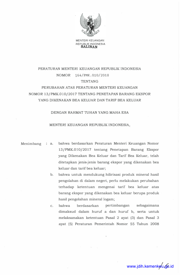 Peraturan Menteri Keuangan Nomor 164/PMK.010/2018