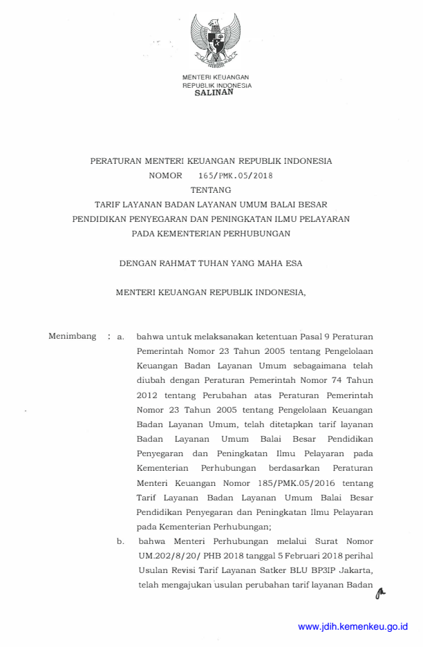 Peraturan Menteri Keuangan Nomor 165/PMK.05/2018