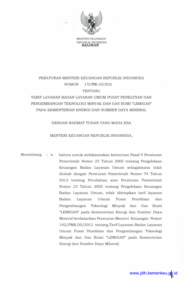 Peraturan Menteri Keuangan Nomor 171/PMK.05/2018