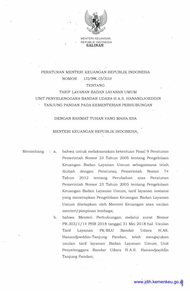 Peraturan Menteri Keuangan Nomor 172/PMK.05/2018