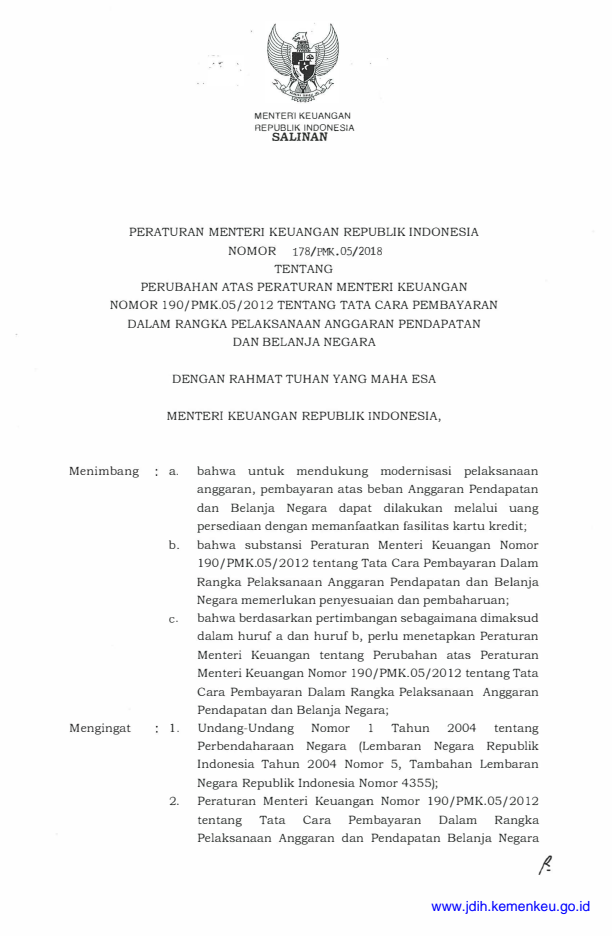 Peraturan Menteri Keuangan Nomor 178/PMK.05/2018