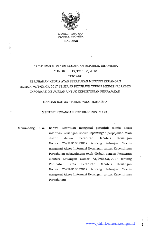 Peraturan Menteri Keuangan Nomor 19/PMK.03/2018