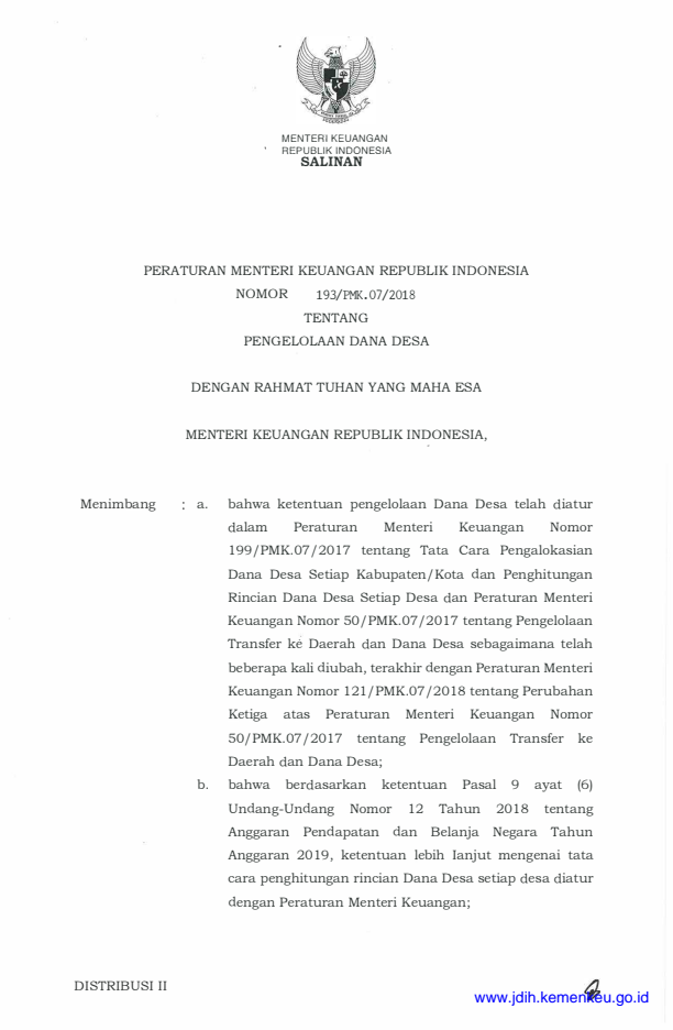 Peraturan Menteri Keuangan Nomor 193/PMK.07/2018