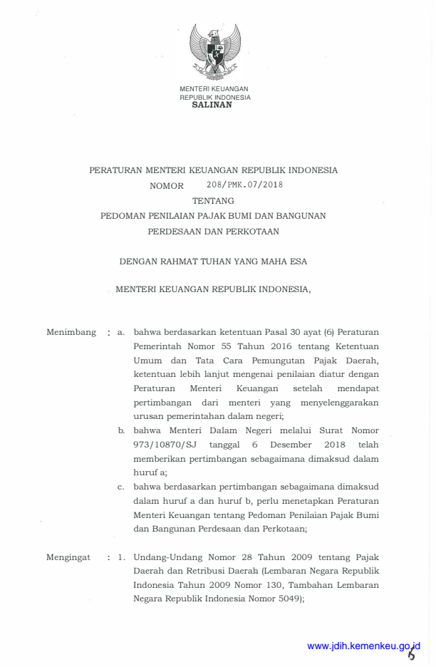 Peraturan Menteri Keuangan Nomor 208/PMK.07/2018