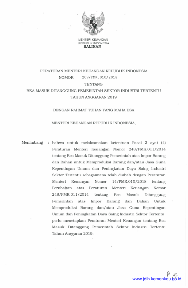 Peraturan Menteri Keuangan Nomor 209/PMK.010/2018