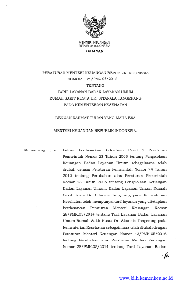 Peraturan Menteri Keuangan Nomor 21/PMK.05/2018