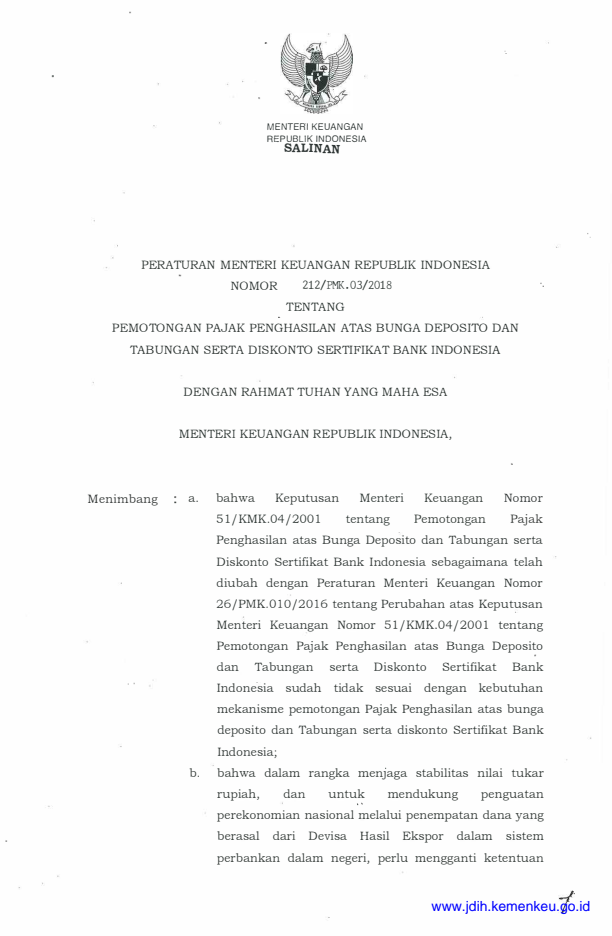 Peraturan Menteri Keuangan Nomor 212/PMK.03/2018