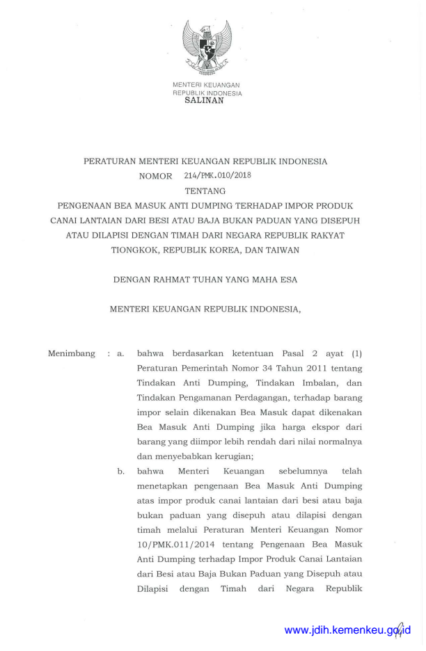 Peraturan Menteri Keuangan Nomor 214/PMK.010/2018