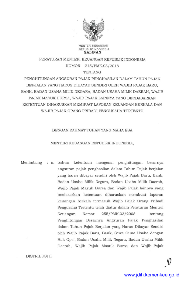 Peraturan Menteri Keuangan Nomor 215/PMK.03/2018