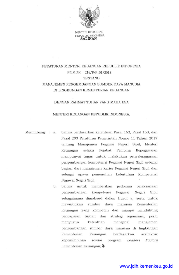 Peraturan Menteri Keuangan Nomor 216/PMK.01/2018