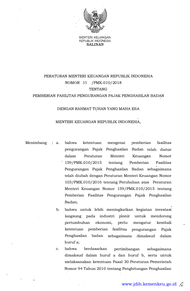 Peraturan Menteri Keuangan Nomor 35/PMK.010/2018