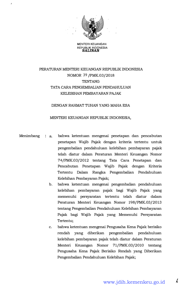 Peraturan Menteri Keuangan Nomor 39/PMK.03/2018