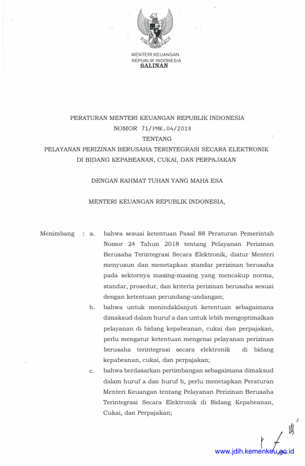 Peraturan Menteri Keuangan Nomor 71/PMK.04/2018
