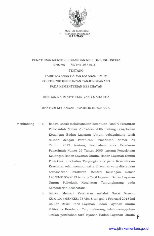 Peraturan Menteri Keuangan Nomor 75/PMK.05/2018