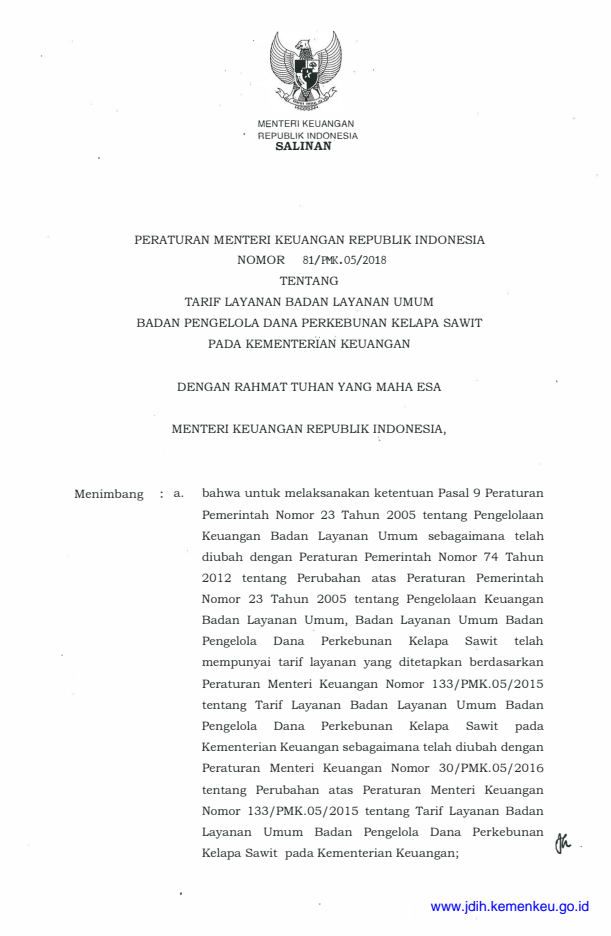 Peraturan Menteri Keuangan Nomor 81/PMK.05/2018