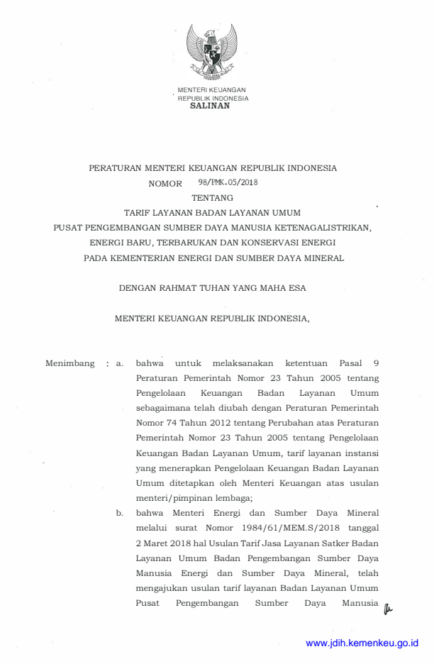 Peraturan Menteri Keuangan Nomor 98/PMK.05/2018