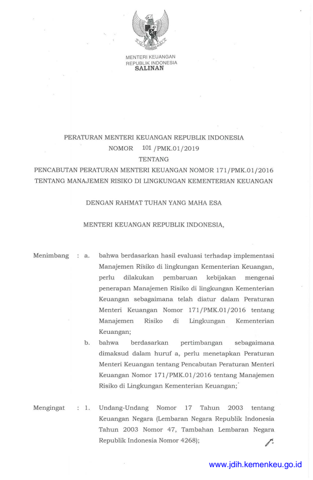 Peraturan Menteri Keuangan Nomor 101/PMK.01/2019