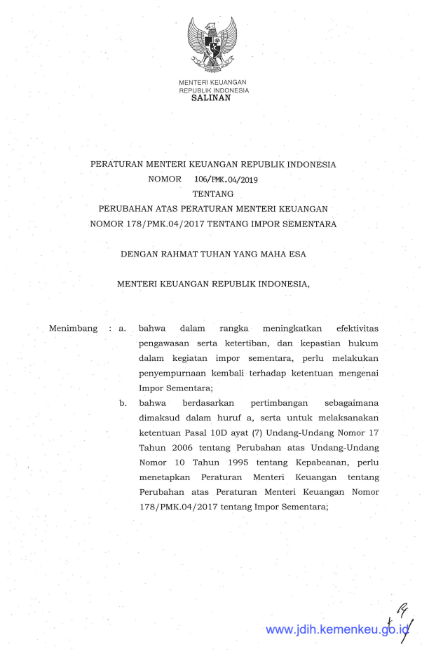 Peraturan Menteri Keuangan Nomor 106/PMK.04/2019