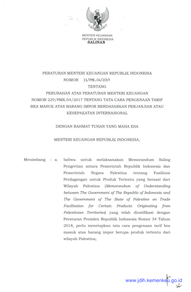 Peraturan Menteri Keuangan Nomor 11/PMK.04/2019