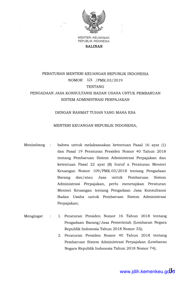 Peraturan Menteri Keuangan Nomor 121/PMK.03/2019