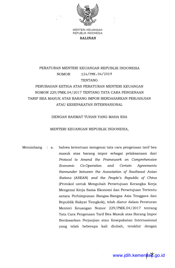Peraturan Menteri Keuangan Nomor 124/PMK.04/2019