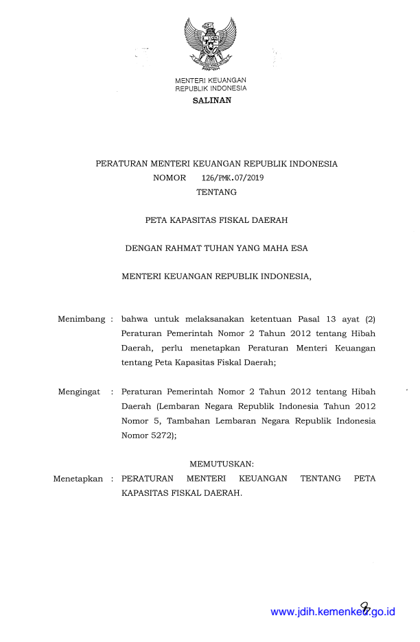 Peraturan Menteri Keuangan Nomor 126/PMK.07/2019