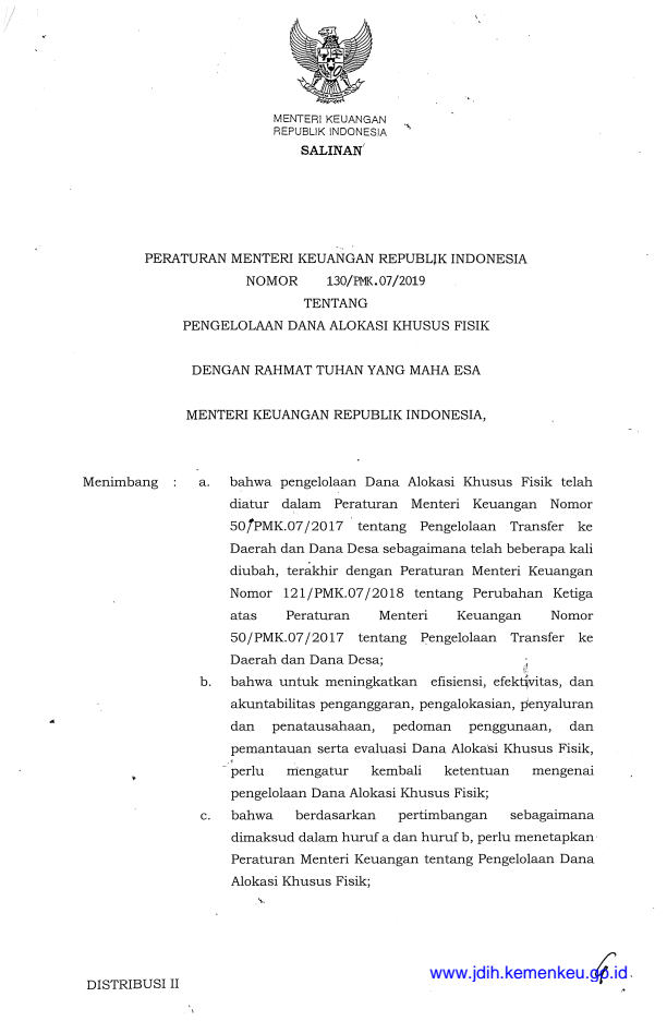 Peraturan Menteri Keuangan Nomor 130/PMK.07/2019