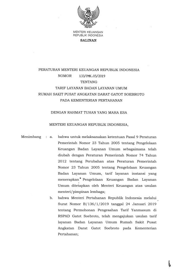 Peraturan Menteri Keuangan Nomor 133/PMK.05/2019