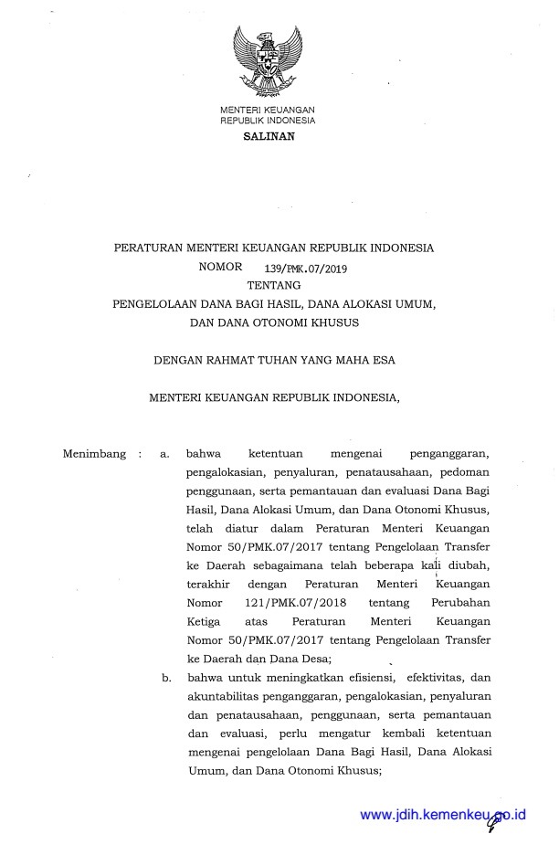 Peraturan Menteri Keuangan Nomor 139/PMK.07/2019