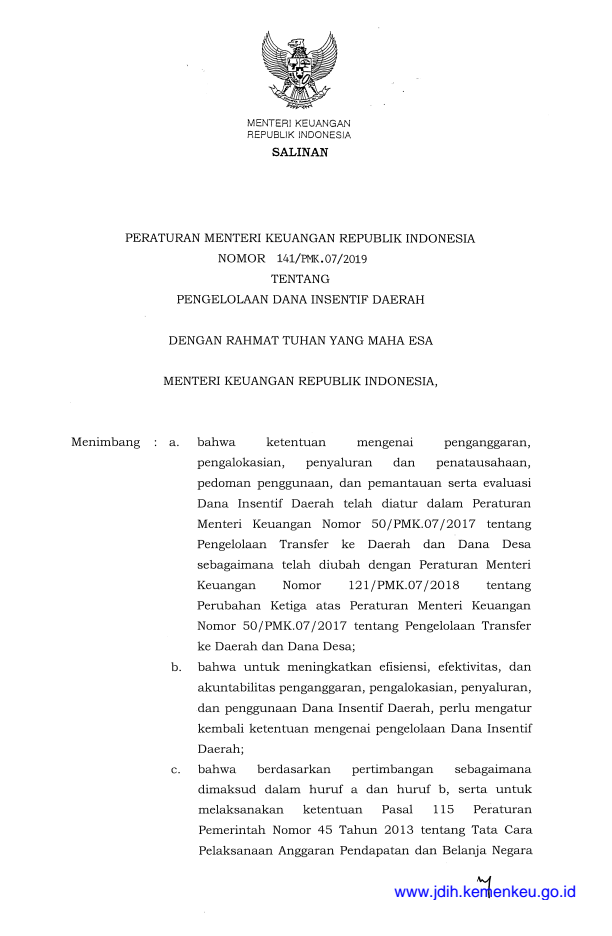 Peraturan Menteri Keuangan Nomor 141/PMK.07/2019