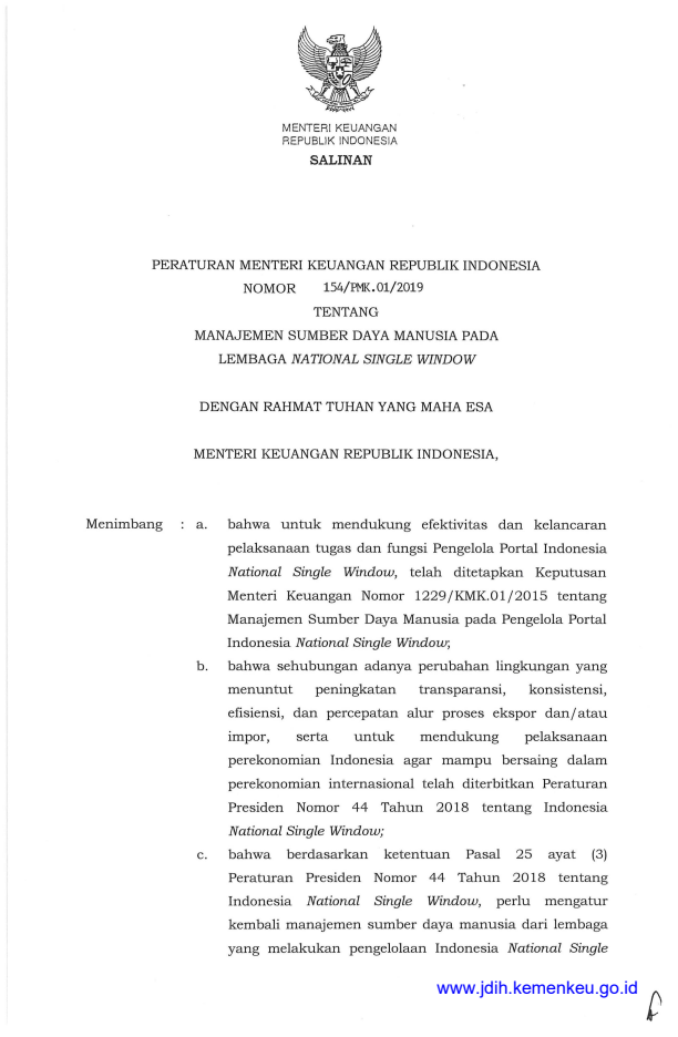 Peraturan Menteri Keuangan Nomor 154/PMK.01/2019