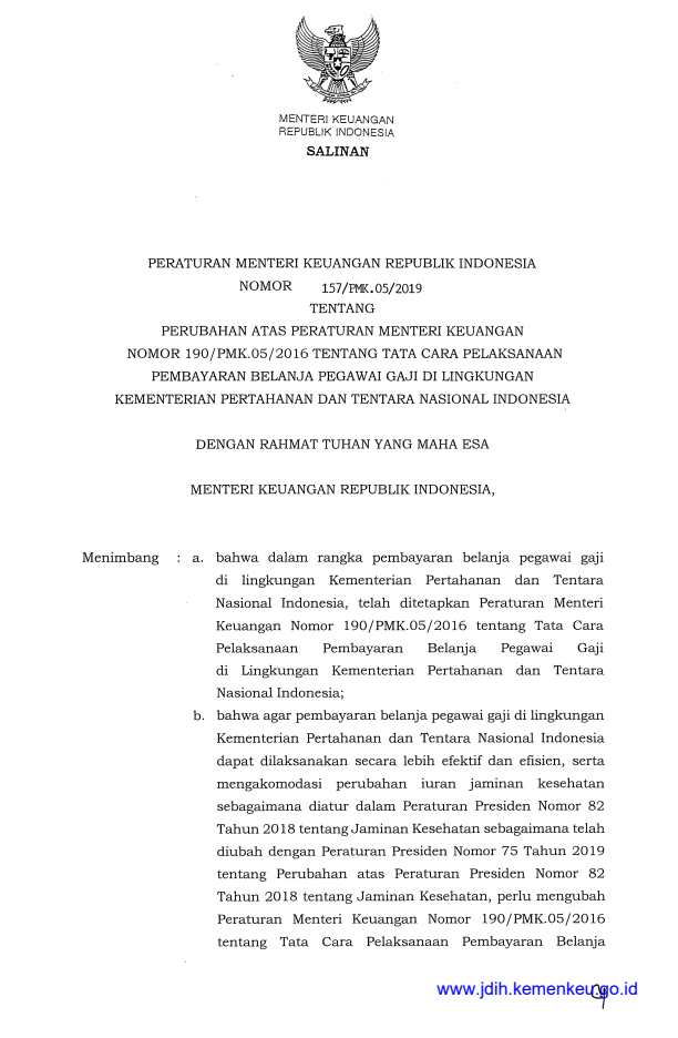 Peraturan Menteri Keuangan Nomor 157/PMK.05/2019