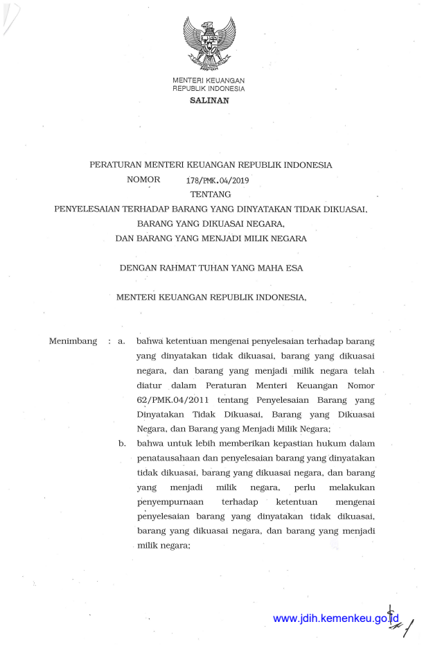 Peraturan Menteri Keuangan Nomor 178/PMK.04/2019