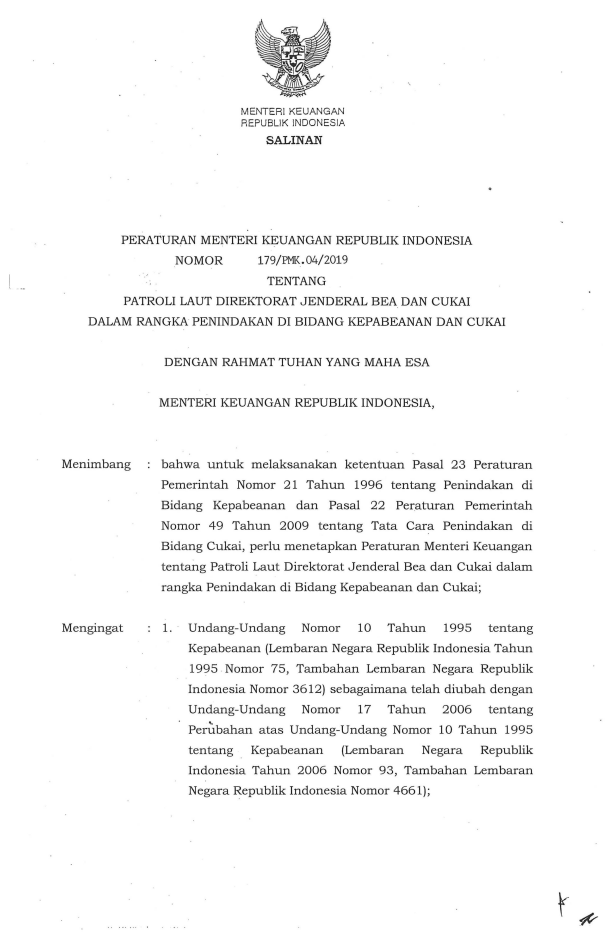Peraturan Menteri Keuangan Nomor 179/PMK.04/2019