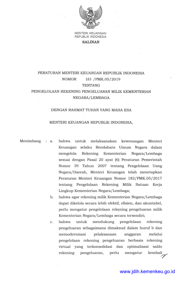 Peraturan Menteri Keuangan Nomor 183/PMK.05/2019