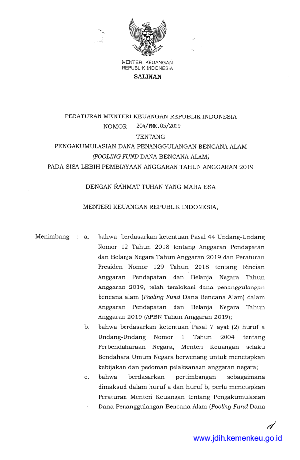 Peraturan Menteri Keuangan Nomor 204/PMK.05/2019