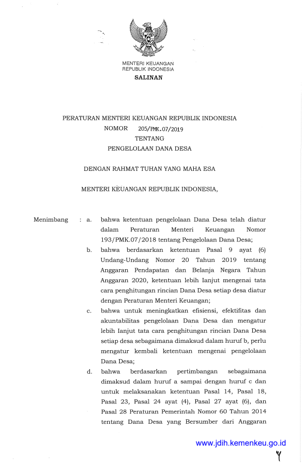 Peraturan Menteri Keuangan Nomor 205/PMK.07/2019