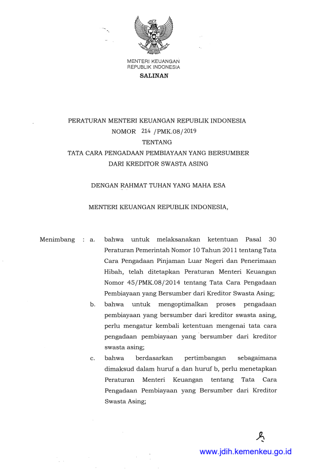 Peraturan Menteri Keuangan Nomor 214/PMK.08/2019