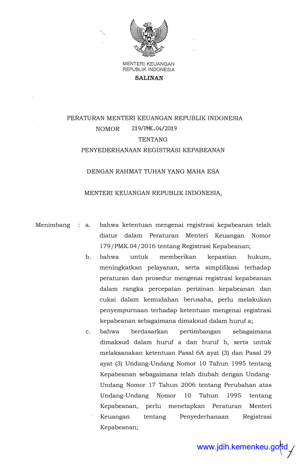 Peraturan Menteri Keuangan Nomor 219/PMK.04/2019