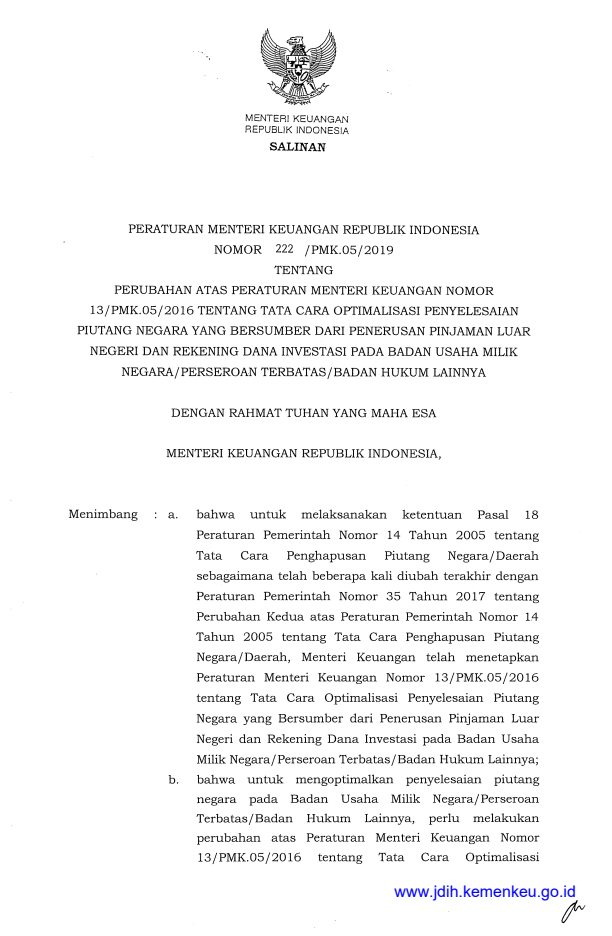 Peraturan Menteri Keuangan Nomor 222/PMK.05/2019