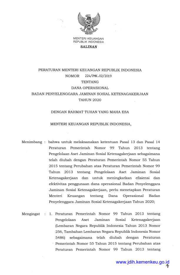 Peraturan Menteri Keuangan Nomor 224/PMK.02/2019