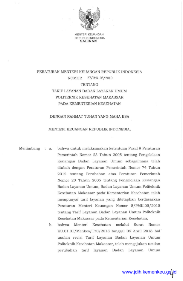 Peraturan Menteri Keuangan Nomor 27/PMK.05/2019