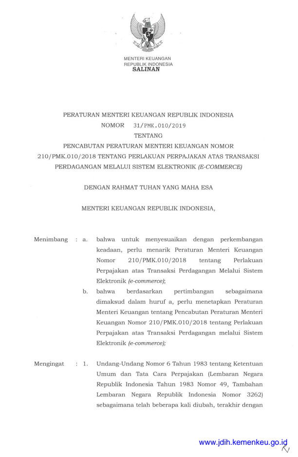 Peraturan Menteri Keuangan Nomor 31/PMK.010/2019
