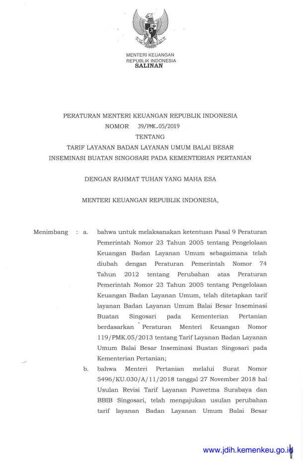 Peraturan Menteri Keuangan Nomor 39/PMK.05/2019