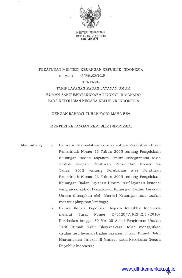 Peraturan Menteri Keuangan Nomor 43/PMK.05/2019