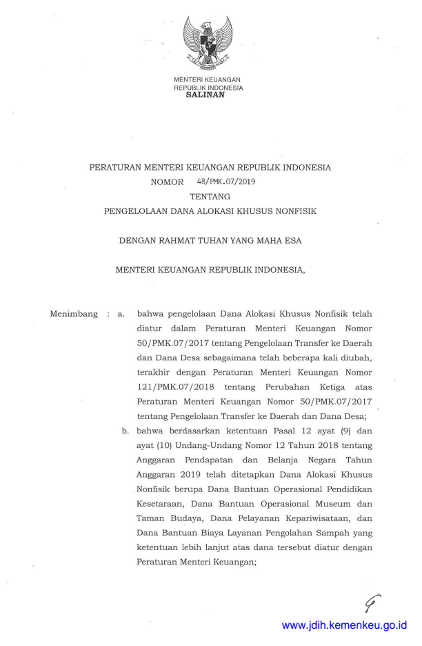 Peraturan Menteri Keuangan Nomor 48/PMK.07/2019