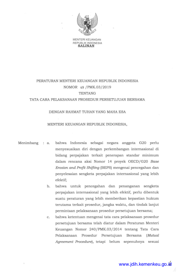 Peraturan Menteri Keuangan Nomor 49/PMK.03/2019