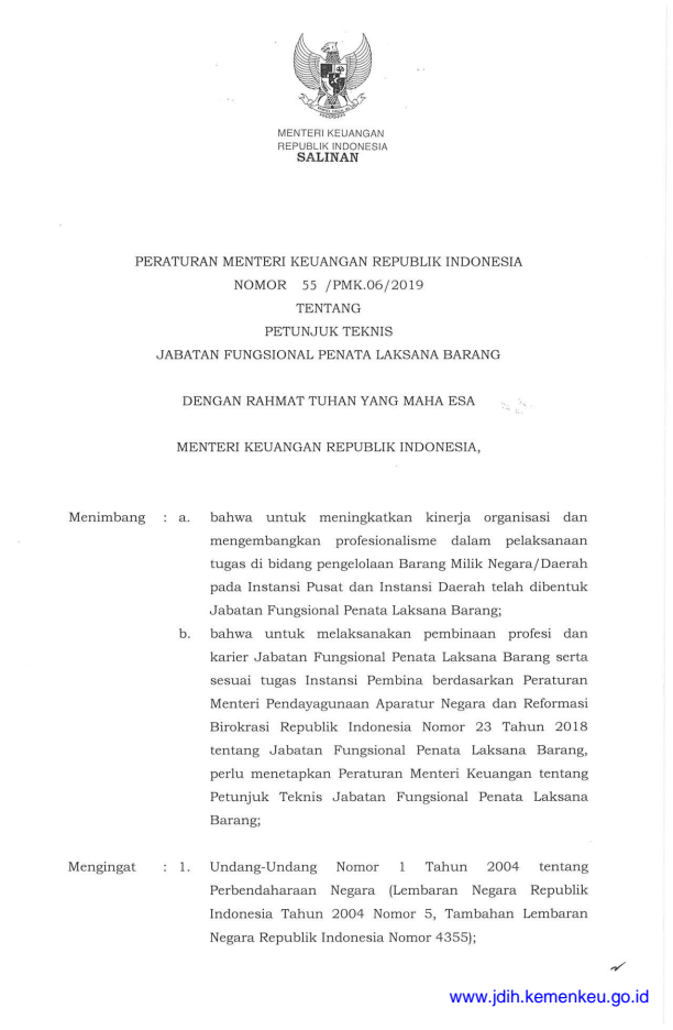 Peraturan Menteri Keuangan Nomor 55/PMK.06/2019