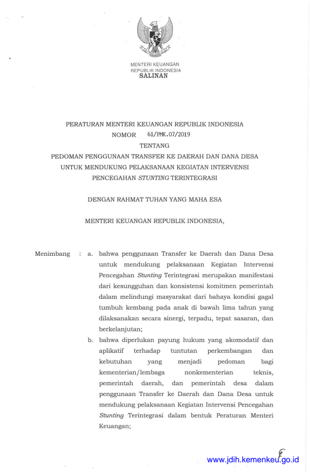 Peraturan Menteri Keuangan Nomor 61/PMK.07/2019